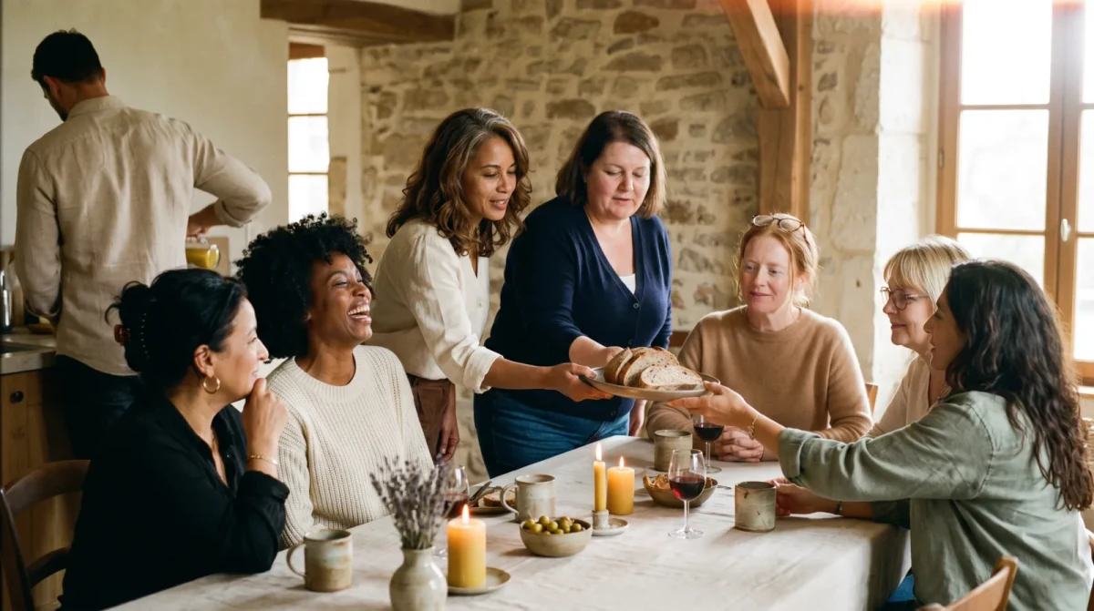 Rassemblement mensuel Renaissance 180 — femmes accompagnées par Quentin réunies autour d'une table, échange et partage en région lyonnaise
